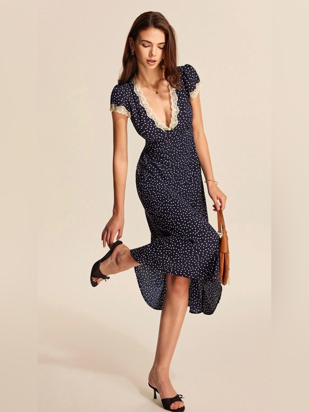 #301 Navy Polka Dot Lace-Trim Midi Dress